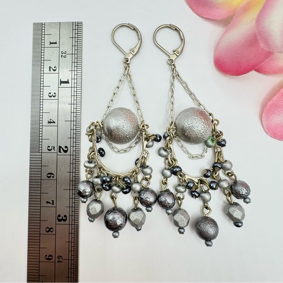 Vintage Chain Textured Bead Chandelier Leverback Swag Dangle Earrings Edgy - Picture 7 of 9